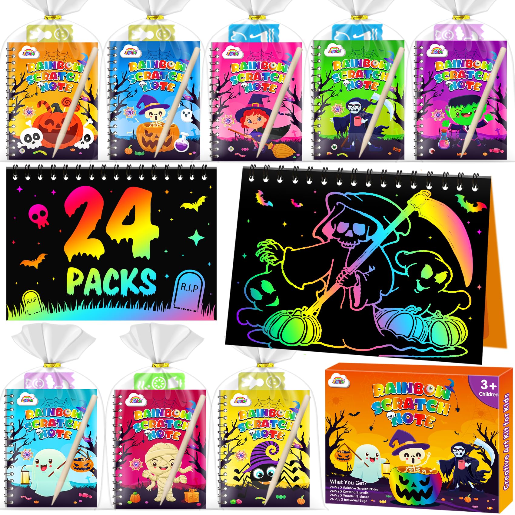 ZMLM Halloween Party Favors Toys Kids: 24 Pack Rainbow Scratch Art Notebook Bulk Scratch Art Party Favors Girls Boys Birthday Party Favors Classroom Prizes Gifts