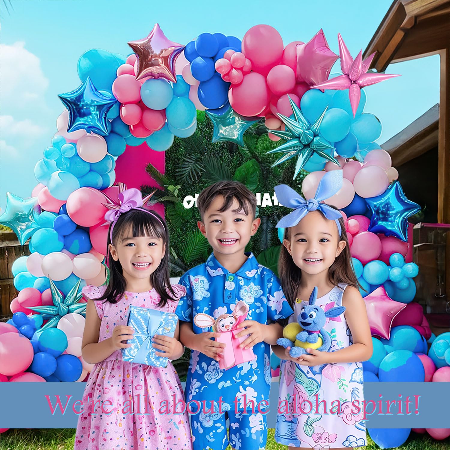 Blue and Pink Balloon Garland Arch Kit 135Pcs with five-pointe Star balloons for summer aloha Baby shower Gender reveal Hawaii cartoon birthday decorations