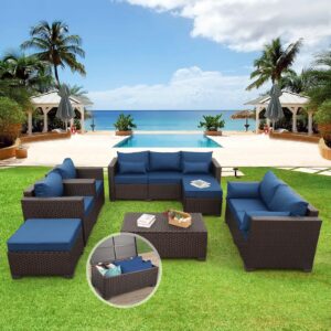 Patio Furniture Set Outdoor Patio Furniture with Storage Table Outdoor Couch Patio Chairs Outdoor 7-Piece Conversation Set with Non-Slip Cushions Waterproof Covers, Navy Blue