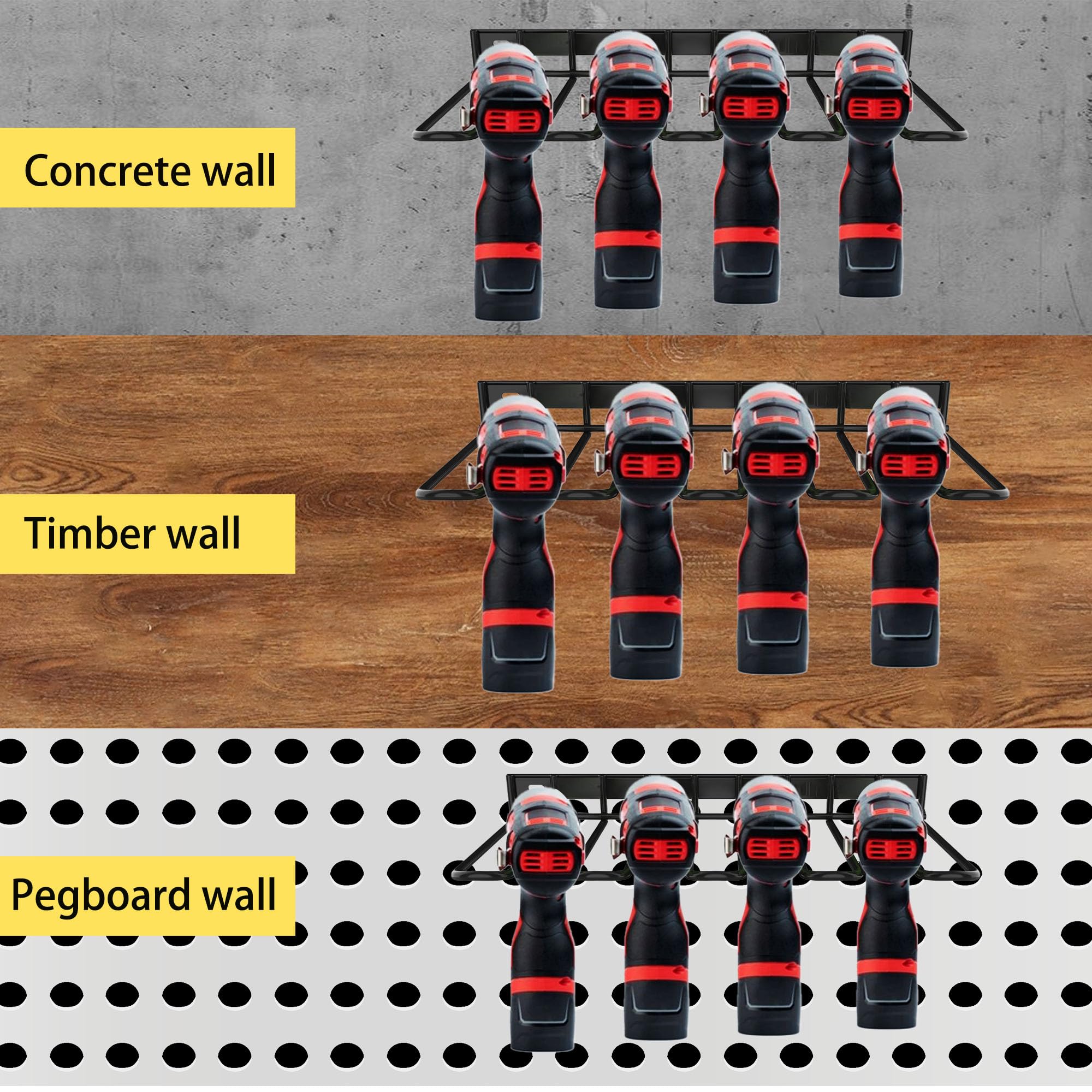 Reetsing 2 Pack Drill Holder,Power Tool Organizer,Wall Mount,4 Cordless Metal Shelf Holder,Practical Storage Rack for Dewalt Cordless Tools