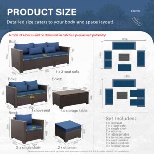 Patio Furniture Set Outdoor Patio Furniture with Storage Table Outdoor Couch Patio Chairs Outdoor 7-Piece Conversation Set with Non-Slip Cushions Waterproof Covers, Navy Blue