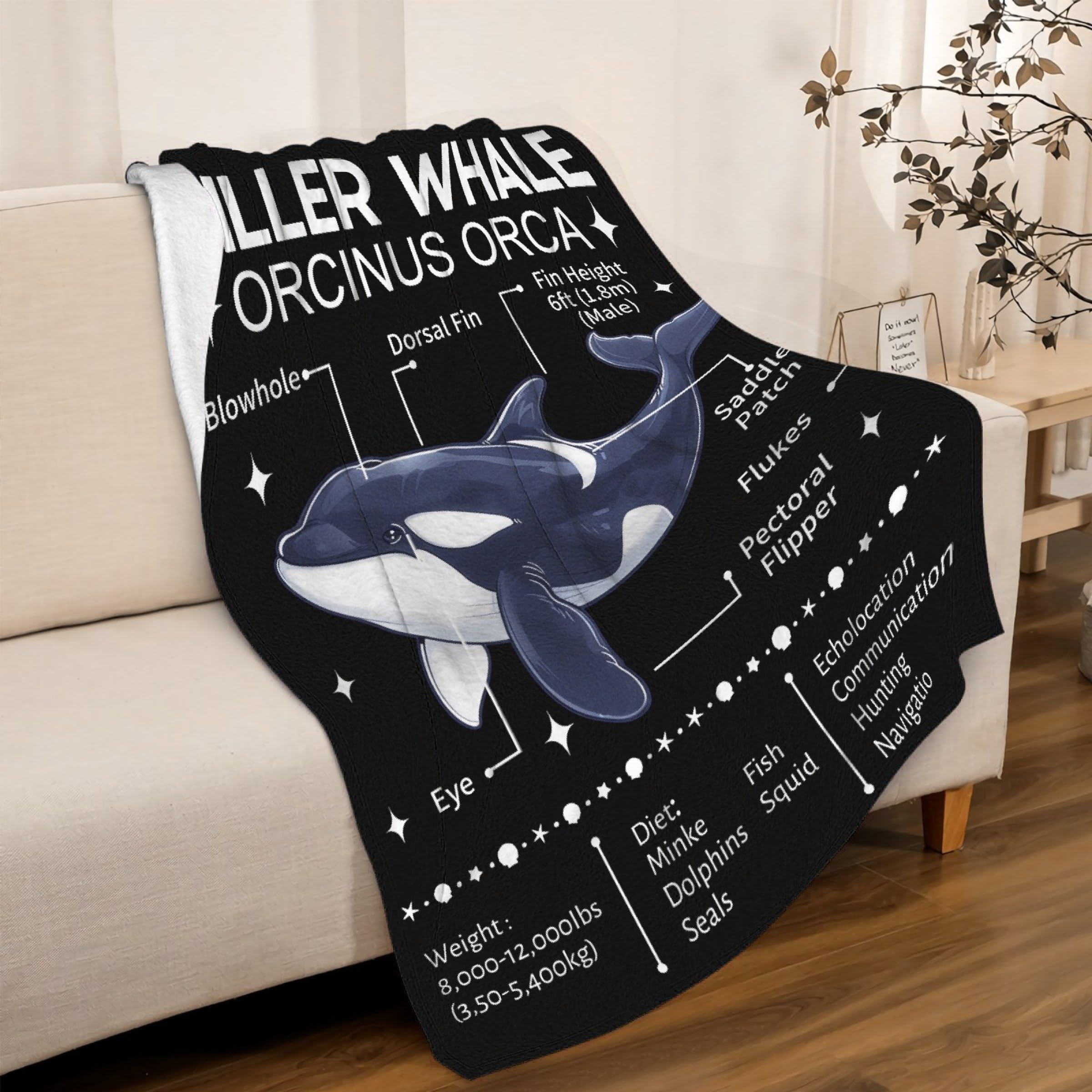 Whale Blanket, Orca Gifts for Kids, Anatomy of Whale Throw, Soft Flannel Plush Fish Blankets for Bedroom Sofa Ocean Themed Decoration, 50 "x 40" S for Kids