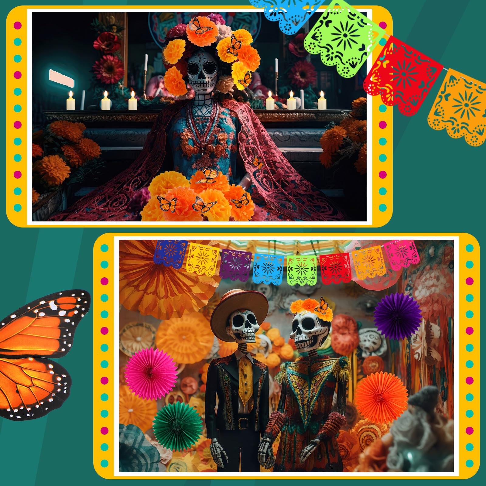 Newwiee 82 Pcs Day of the Dead Altar Decoration Kit Dia De Muertos Disposable Tablecloth Flameless LED Candle Paper Marigold Flower Fan Butterfly Mexican Papel Picado Banner Supplies (Colorful)