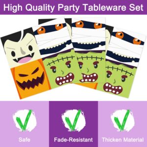 Fesciory 96 Pcs Halloween Party Plates and Napkins Forks Supplies, Disposable Paper Dessert Tableware Happy Birthday Halloween Decorations Favors Set, Serves 24 Guests