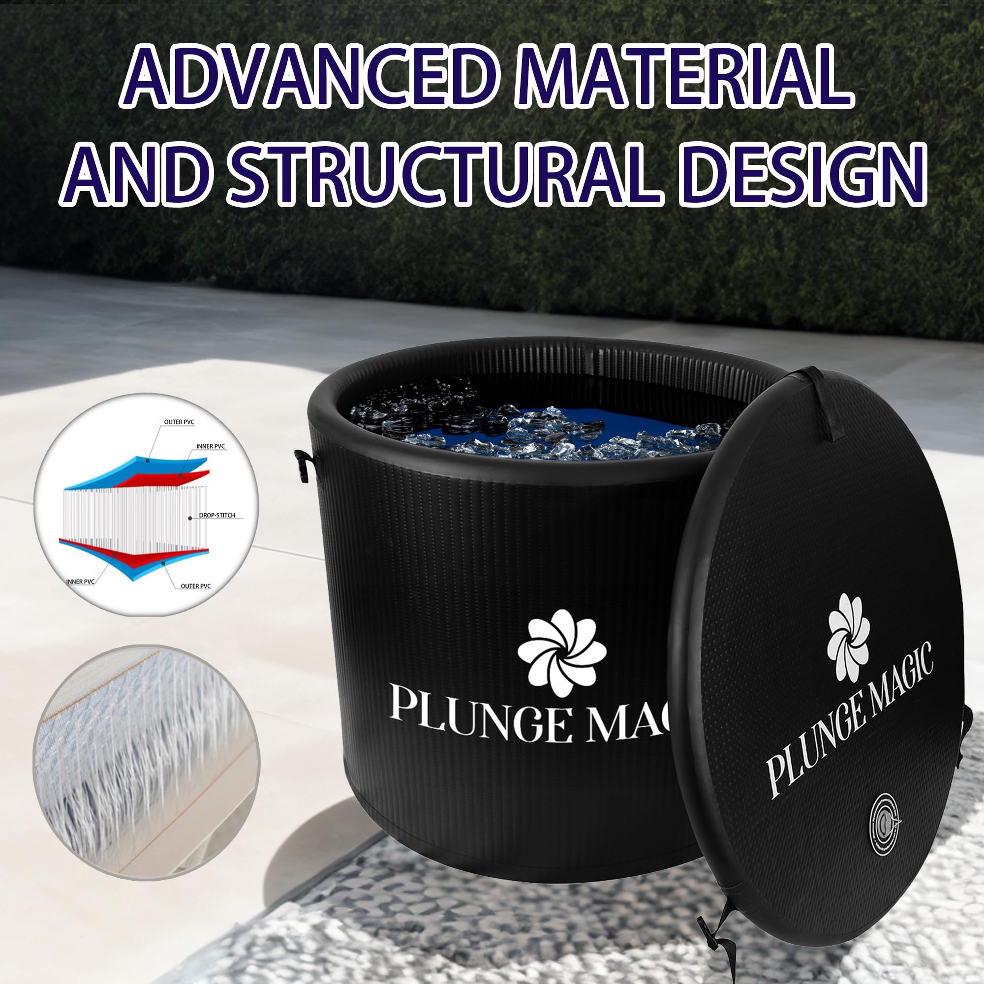 PLUNGE MAGIC Ultimate Cold Plunge Tub Inflatable Ice Bath Tub With Cover for Athletes Portable & XL Size, Water Chiller Compatible (Black - Round)