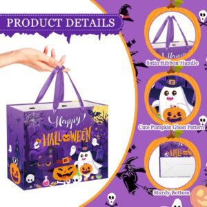 Large Halloween Party Gift Bag, Purple Halloween Paper Bags with Handle Halloween Tissue Paper Cute Pumpkin Skeleton Ghost Halloween Birthday Party Favors Decor for Trick or Treat Party Supplies