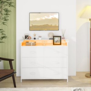 Welfuturer White Dresser for Bedroom with Charing Station and LED Light 6 Drawer Dresser with PU Finish Fabric Chest of Drawers for Closet Living Room Hallway Sturdy Steel Frame Double Wooden Tabletop