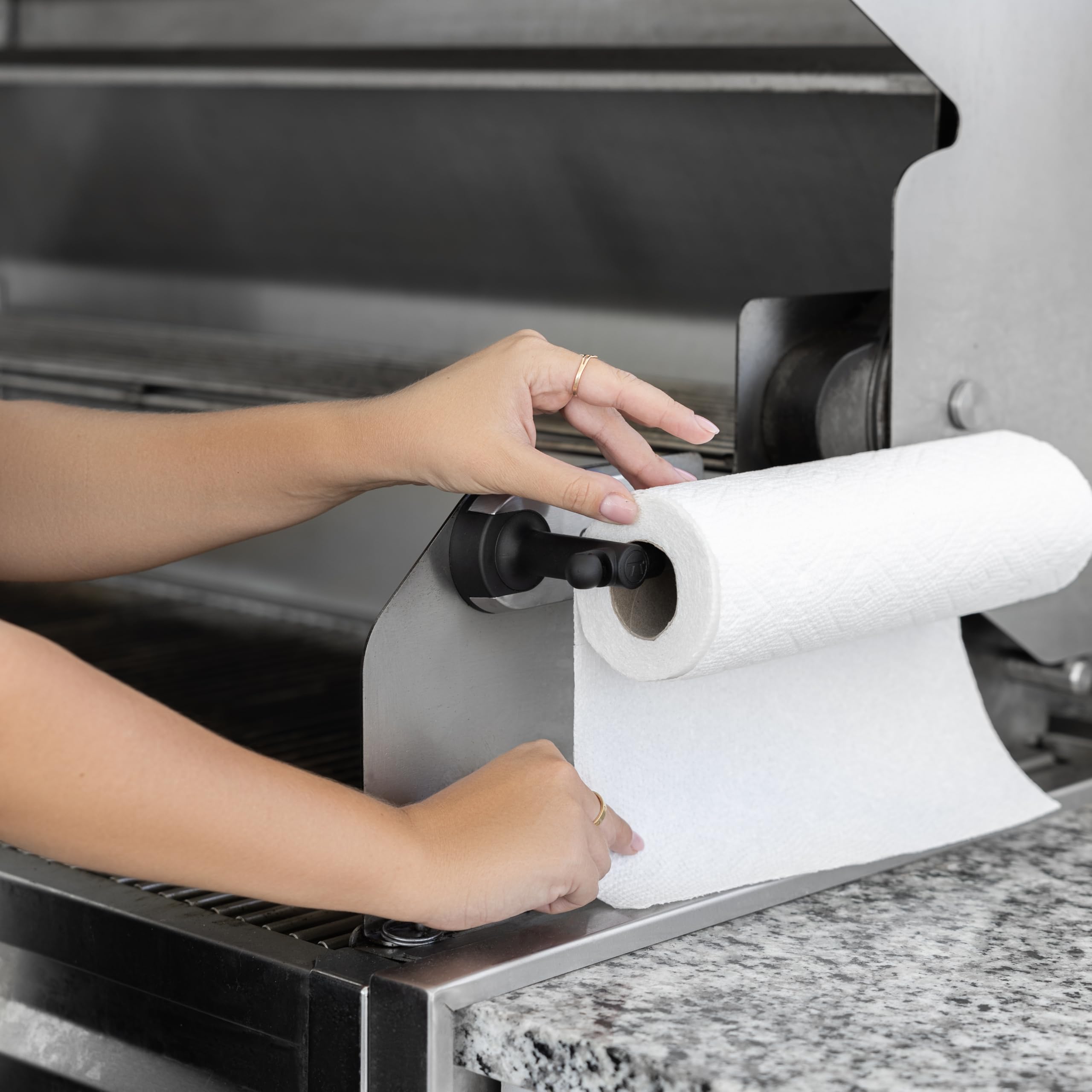 Outset Magnetic Rotating Paper Towel Rack with Trash Bag Hook for Grill and Kitchen