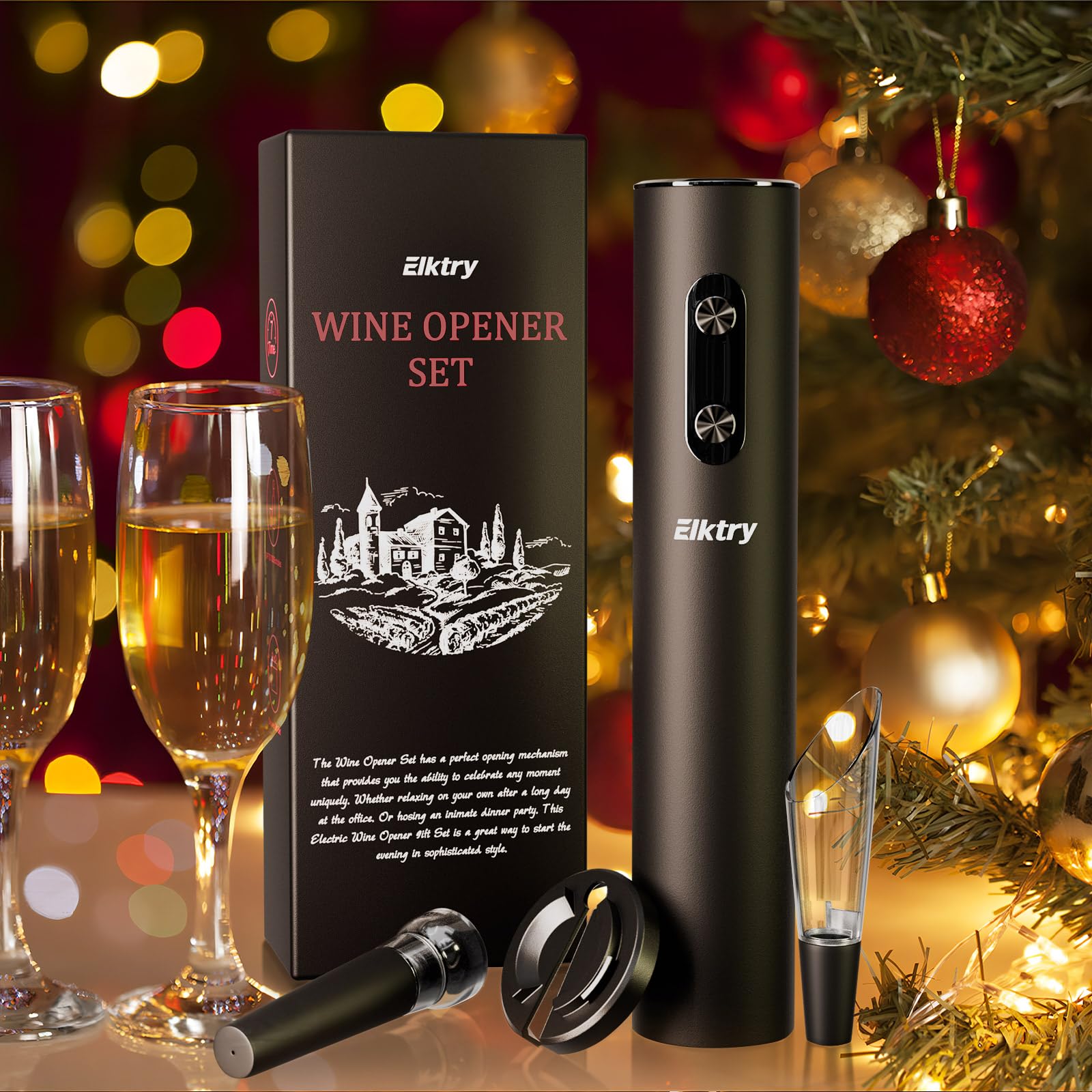 Elktry Electric Wine Opener, Automatic Electric Corkscrew Wine Opener,Battery Operated with Foil Cutter, Wine Pourer&Vacuum Stoppers,Christmas Gift for Family and Friends