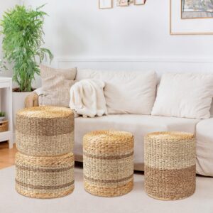 PrimeZone Patio Pouf Ottoman 18" D x 18" W x 12" H, Hand Woven Natural Seagrass Rattan Indoor Outdoor Footstool, Round Boho Poufs Footrest Floor Chair Seat for Living Room, Bedroom, Porch, Stripe