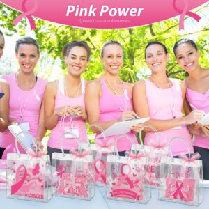 DTOFOOT 18Pcs Breast Cancer Clear Gift Bags with Handles Pink Ribbon Bow Breast Cancer Awareness Bulk Item PVC Pink Ribbon Bags Reusable for Breast Cancer Bags Women Nurse Breast Cancer Survivor Party