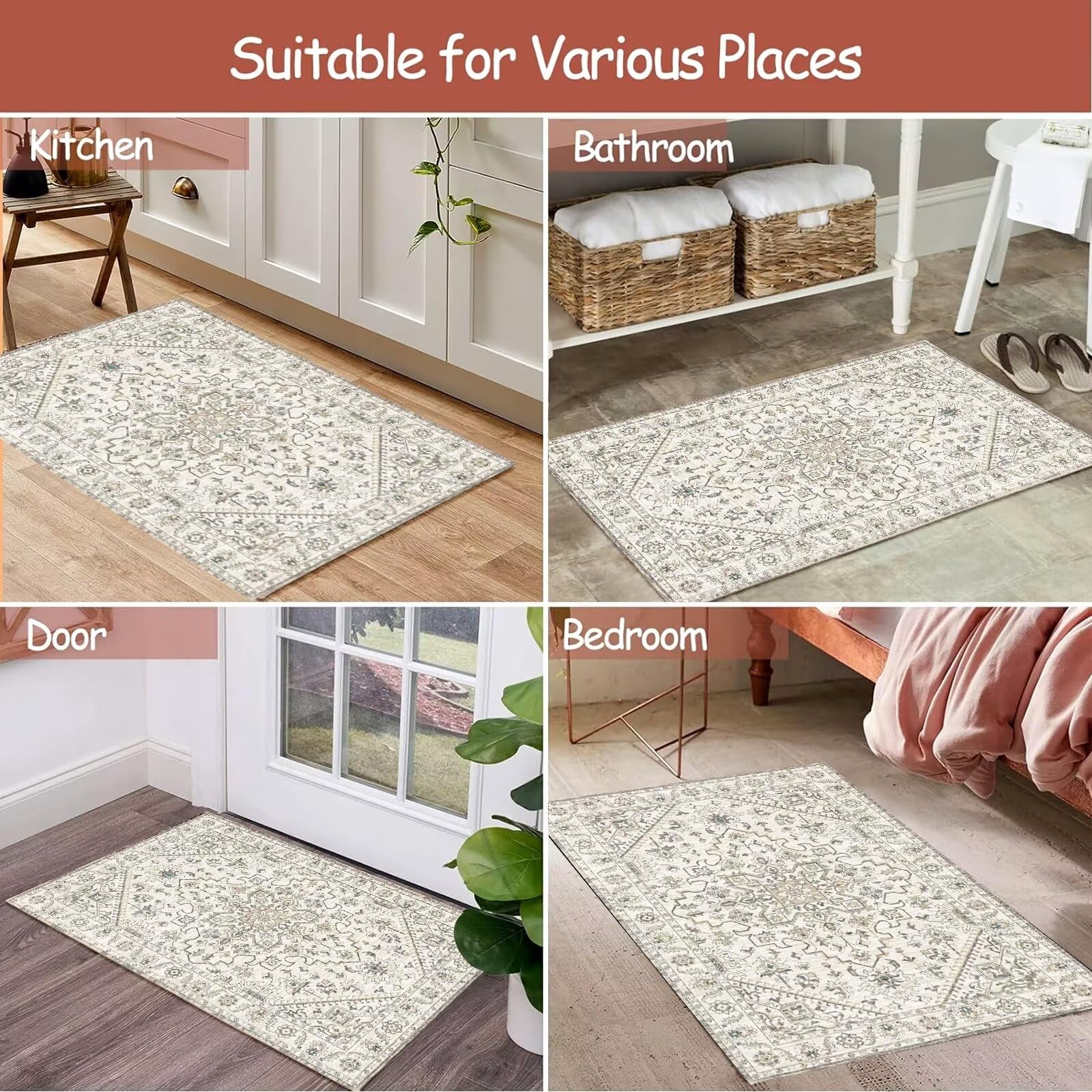 HAJDCUTC Area Rug 2'x3' Small Area Rugs Boho Machine Washable Rugs Non Slip for Entryway Kitchen Bathroom Bedroom Vintage Soft Low-Pile, White