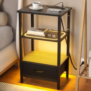 led nightstand with charging station, 2024 updated night stand with touch switch unlimited dimming double-layer control, small night light side tables, bedroom end table, bed side table(black)