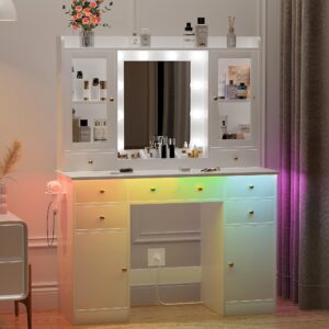 HUANLEGO Vanity Desk with Mirror and Lights, White Vanity Mirror with Lights Desk and Chair &7 Drawers, Cabinets Makeup Vanity Table with with Stool for Bedroom 3 Lights Mode and Brightness Adjusted