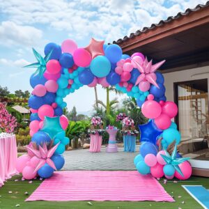 blue and pink balloon garland arch kit 135pcs with five-pointe star balloons for summer aloha baby shower gender reveal hawaii cartoon birthday decorations