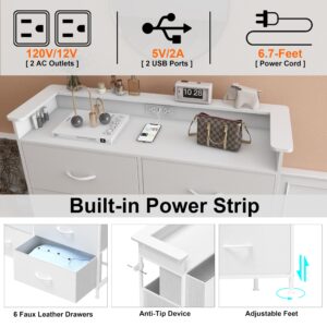 Welfuturer White Dresser for Bedroom with Charing Station and LED Light 6 Drawer Dresser with PU Finish Fabric Chest of Drawers for Closet Living Room Hallway Sturdy Steel Frame Double Wooden Tabletop