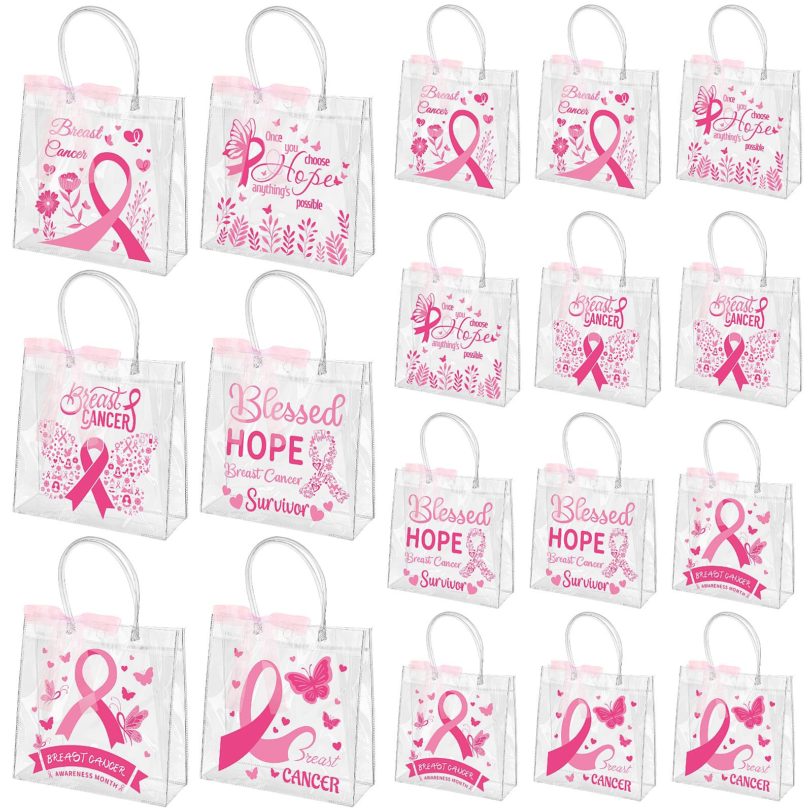 DTOFOOT 18Pcs Breast Cancer Clear Gift Bags with Handles Pink Ribbon Bow Breast Cancer Awareness Bulk Item PVC Pink Ribbon Bags Reusable for Breast Cancer Bags Women Nurse Breast Cancer Survivor Party