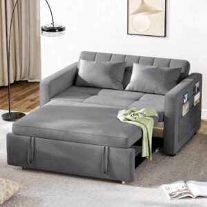 dwvo 55" cat-scratch-proof fabric sofa bed, 3-in-1 sleeper sofa with pull-out bed, convetible futon couch with adjustable backrest and side pocket, loveseat for living room apartment, grey, full size