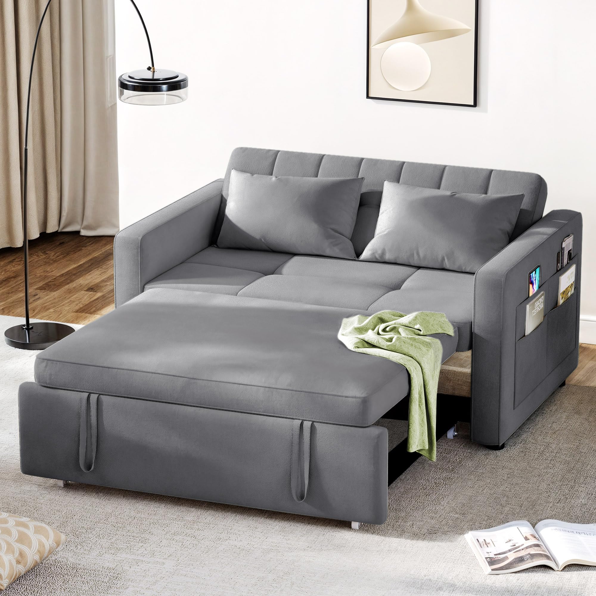 DWVO 55" Cat-Scratch-Proof Fabric Sofa Bed, 3-in-1 Sleeper Sofa with Pull-Out Bed, Convetible Futon Couch with Adjustable Backrest and Side Pocket, Loveseat for Living Room Apartment, Grey, Full Size