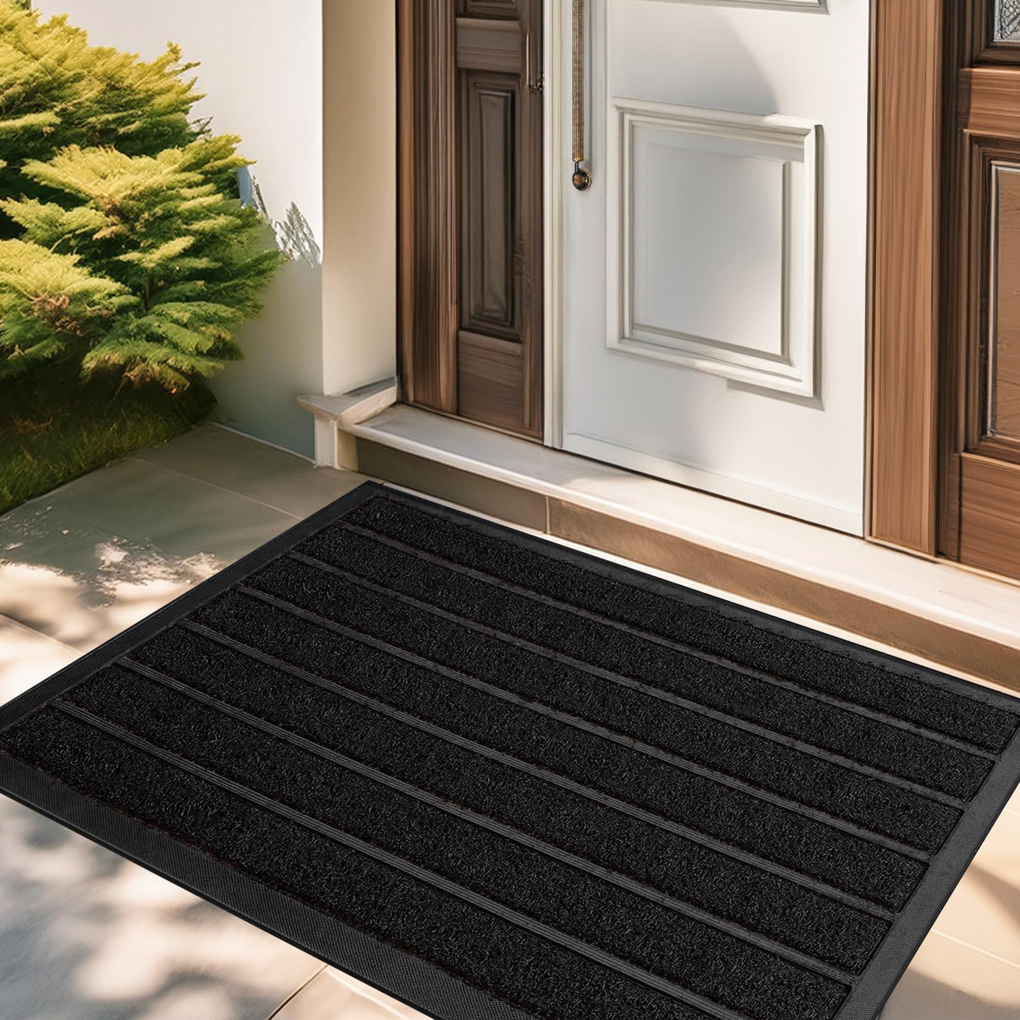 Extra Durable Door Mat - Dirt Trapping Outdoor Welcome Mats - Non-Slip Entrance Mats - Low Profile Front Doormat - Indoor (Black, 30" x 17")