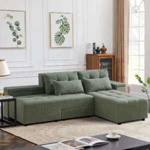 buiord 93.5" convertible oversize corduroy 3 in 1 sleeper & sectional sofa,l-shaped sofa with 4 storage space for living room,pull-out sofa bed with 4 pillows (green)