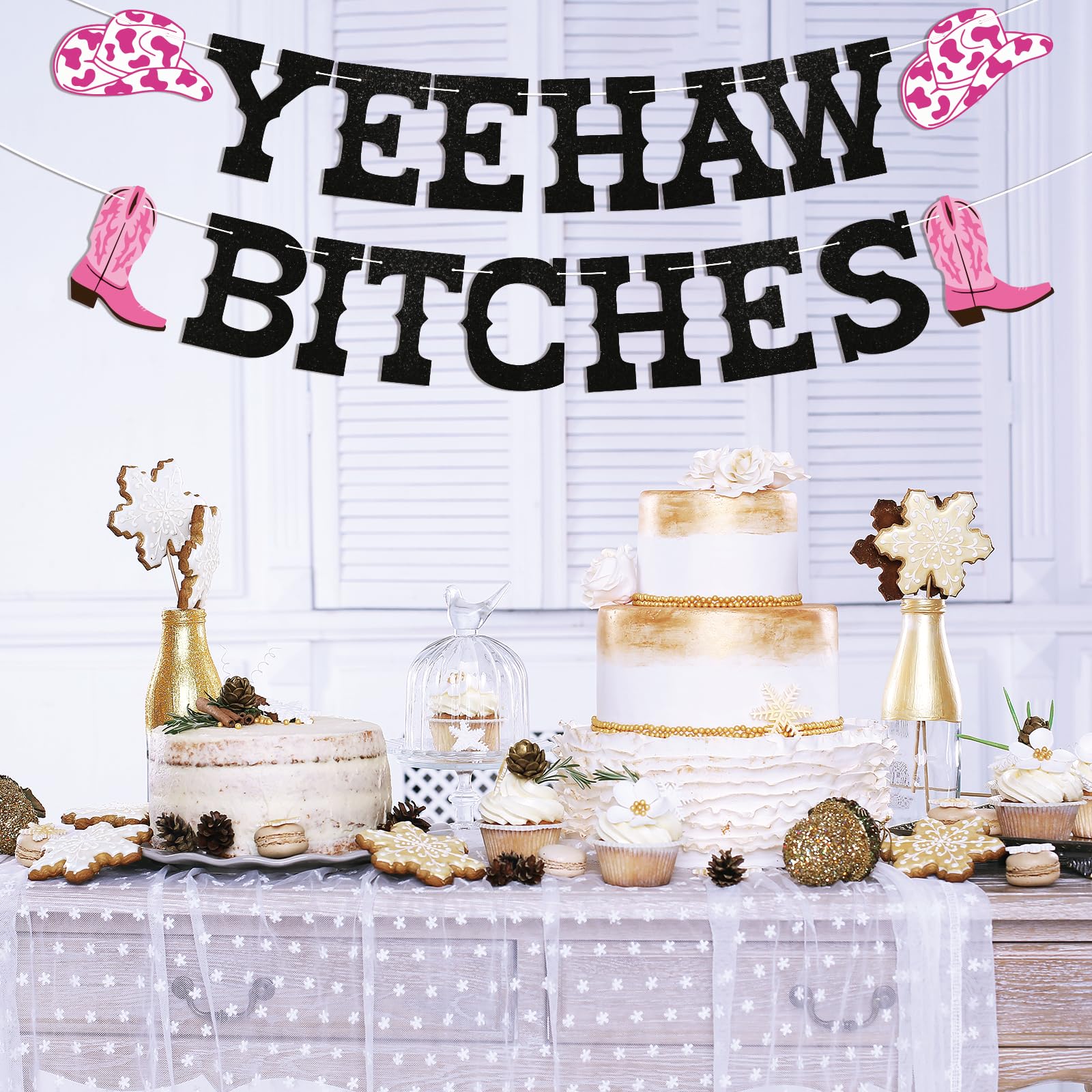 Yeehaw Bitches Banner, Bride's Last Ride Hen Party Decorations, Western Cowgirl Bachelorette Decorations for Bachelorette Party Black Glitter