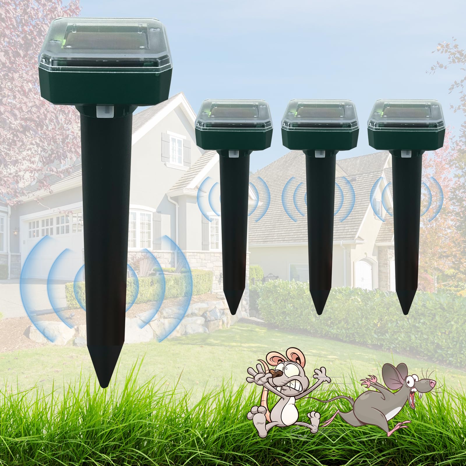 4 Pack Upgraded Ultrasonic Mole Repellent, Solar Powered Gopher Mole Repellent for Lawn, Chipmunks,Snake,Waterproof Vole Repellent for Your Yard Garden Lawns