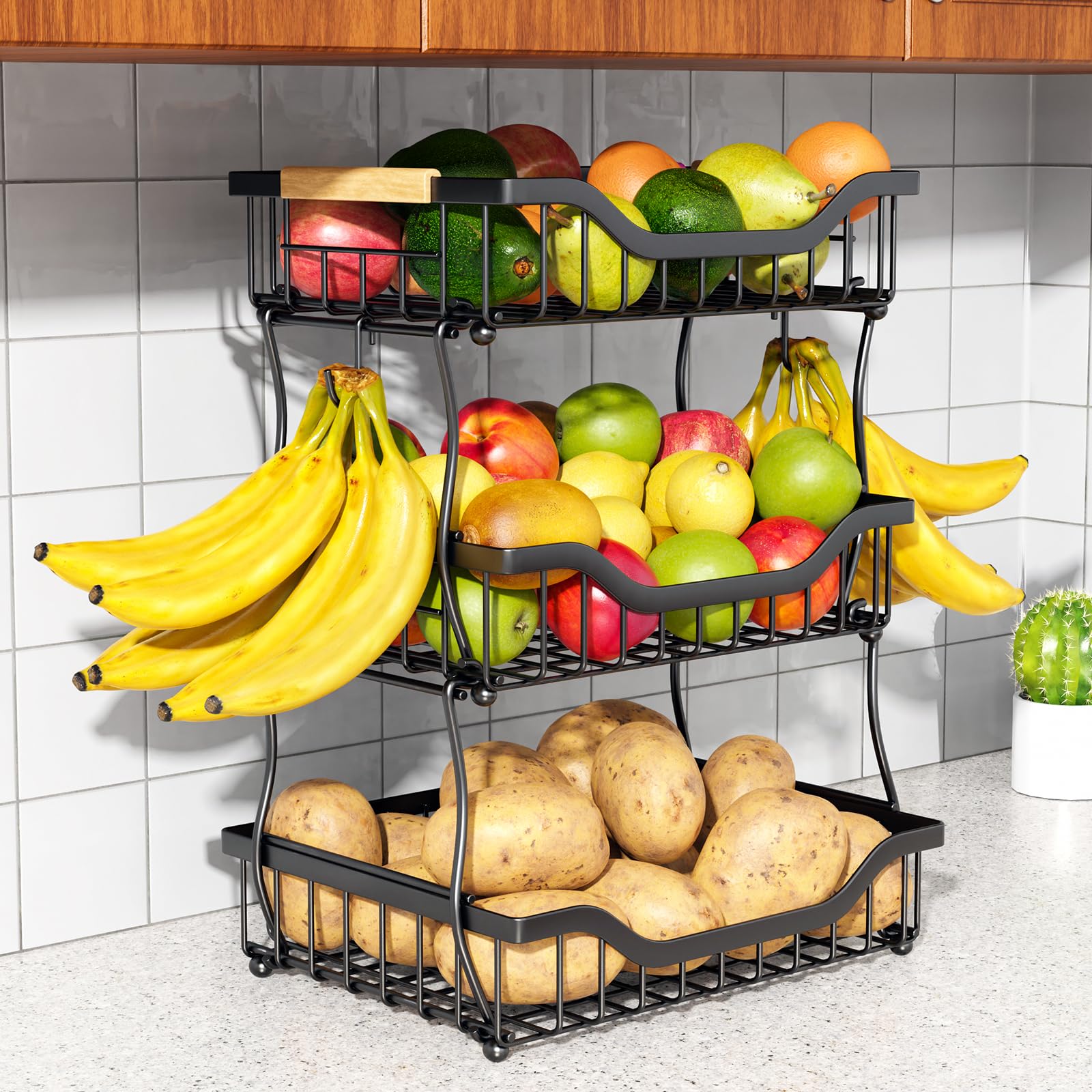 OKZEST 3-Tier Fruit Basket for Kitchen Counter with Banana Hangers, Wall Hanging Fruit Basket and Countertop Organizer Fruit Bowl, Fruit Storage Holder Stand for Potato Onion Snack Bread Fruit Veggie