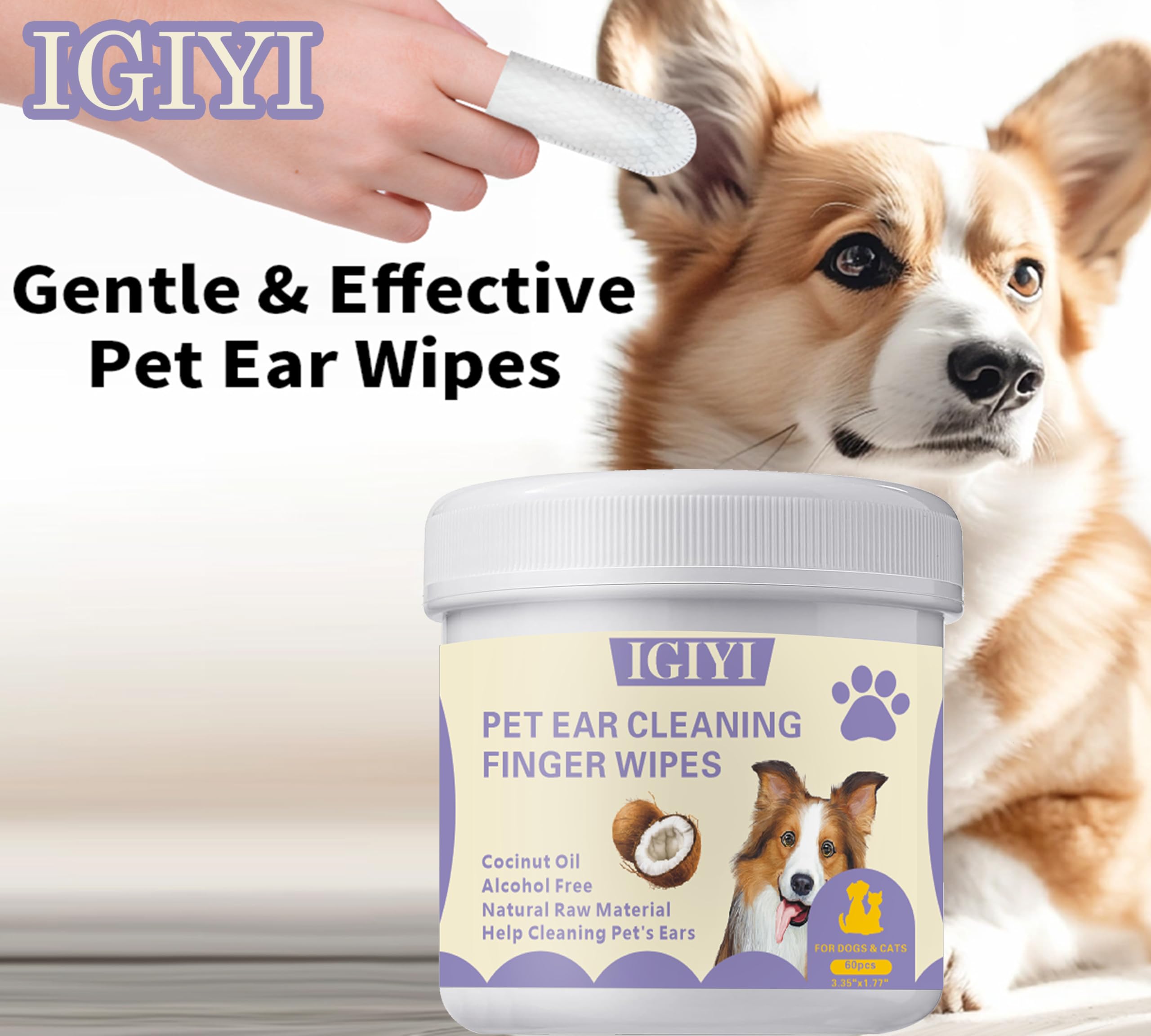 IGIYI Ear Finger Wipes Cleaner for Dog Cat,Bigger Size Gently Remove Ear Wax Dirt Odor,Sooths & Deodorizes, Relieve Ear Itching, Prevents Ear Infections, Natural Ingredients, 60 Count