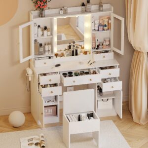 HUANLEGO Vanity Desk with Mirror and Lights, White Vanity Mirror with Lights Desk and Chair &7 Drawers, Cabinets Makeup Vanity Table with with Stool for Bedroom 3 Lights Mode and Brightness Adjusted