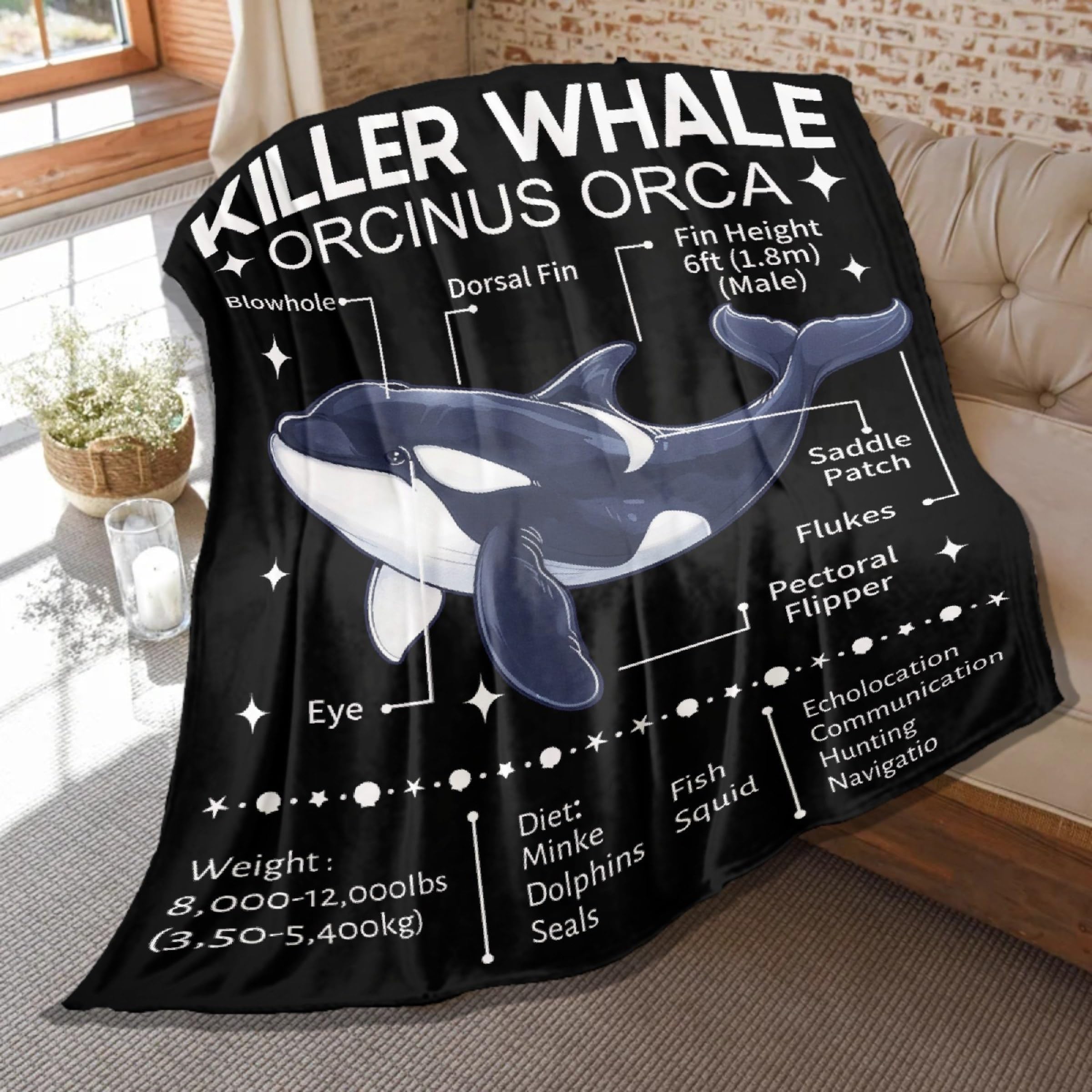 Whale Blanket, Orca Gifts for Kids, Anatomy of Whale Throw, Soft Flannel Plush Fish Blankets for Bedroom Sofa Ocean Themed Decoration, 50 "x 40" S for Kids