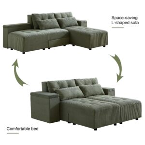 BUIORD 93.5" Convertible Oversize Corduroy 3 in 1 Sleeper & Sectional Sofa,L-Shaped Sofa with 4 Storage Space for Living Room,Pull-Out Sofa Bed with 4 Pillows (Green)