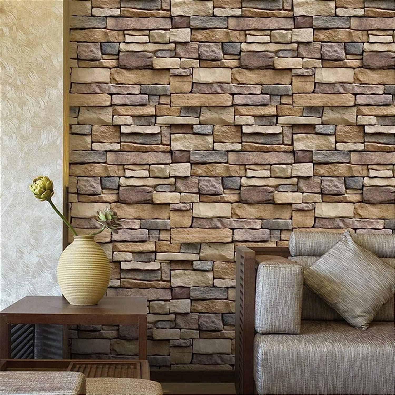 Yancorp 18"x120" Brick Wallpaper Peel and Stick Modern Stone Contact Paper Backsplash Self-Adhesive Wall Paper Kitchen Bedroom Accent Wall Brown Beige Removable Wallpaper