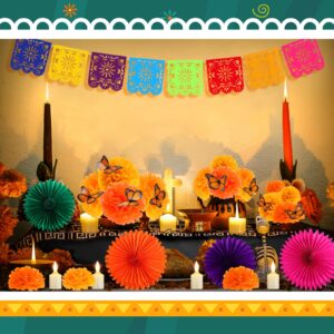 Newwiee 82 Pcs Day of the Dead Altar Decoration Kit Dia De Muertos Disposable Tablecloth Flameless LED Candle Paper Marigold Flower Fan Butterfly Mexican Papel Picado Banner Supplies (Colorful)