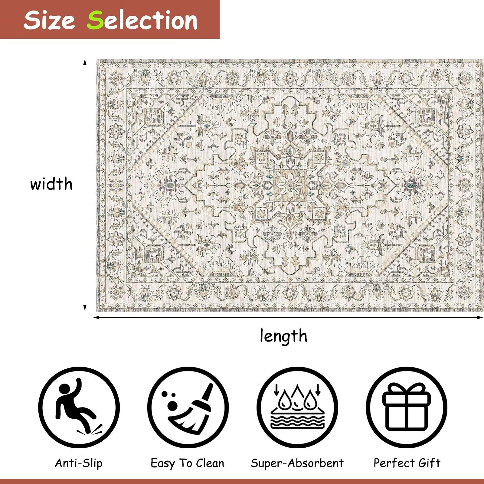 HAJDCUTC Area Rug 2'x3' Small Area Rugs Boho Machine Washable Rugs Non Slip for Entryway Kitchen Bathroom Bedroom Vintage Soft Low-Pile, White