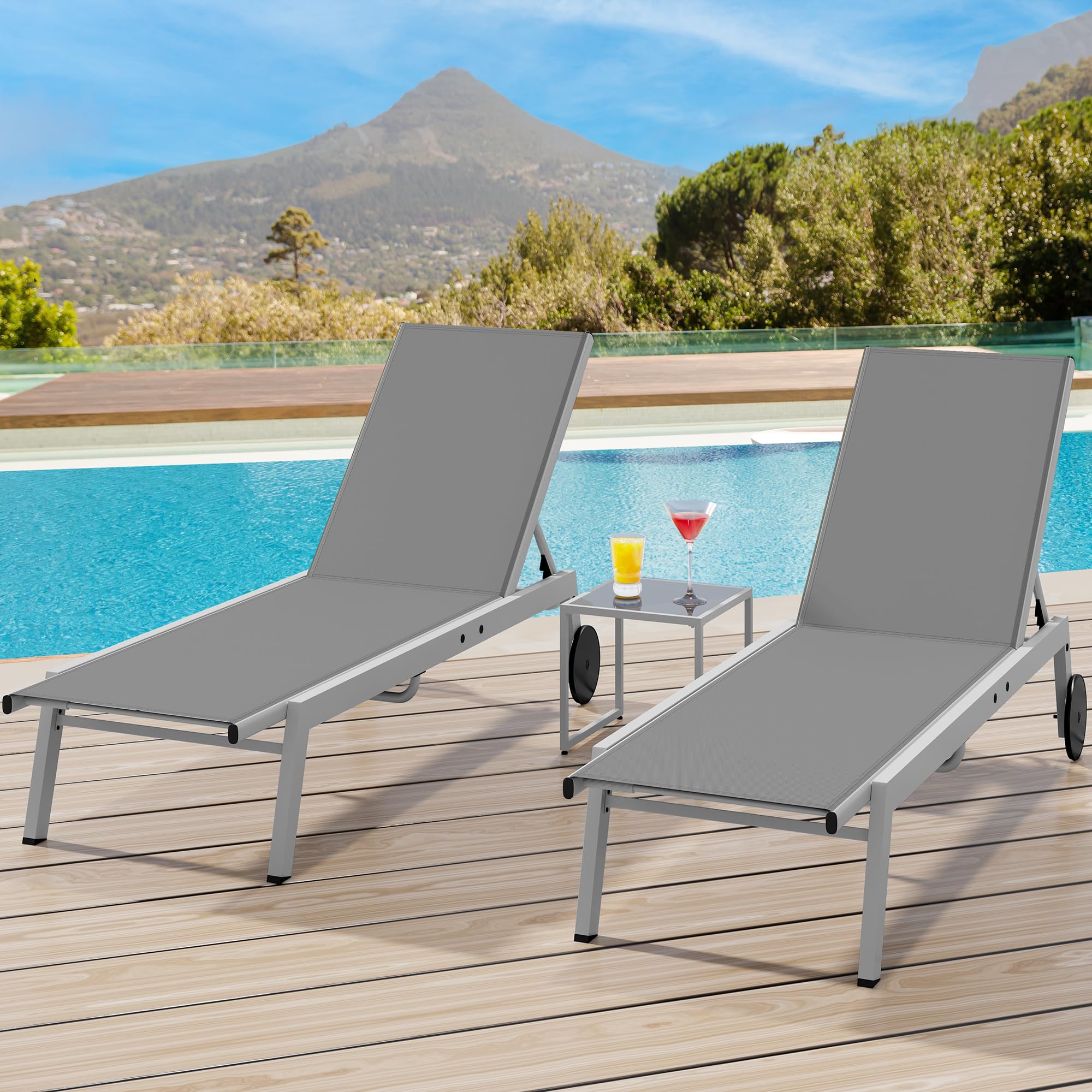 YITAHOME Patio Chaise Lounge Set of 3, Outdoor Lounge Chairs with Side Table, Adjustable Backrest Poolside Loungers with Wheels for Pool Beach Patio Lawn Porch - Light Grey