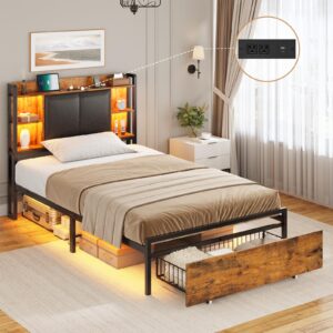 aogllati twin bed frames with headboard and 2 storage drawers, twin bed frame with charging station and led lights, modern upholstered brown led bed frame twin,no box spring needed, vintage