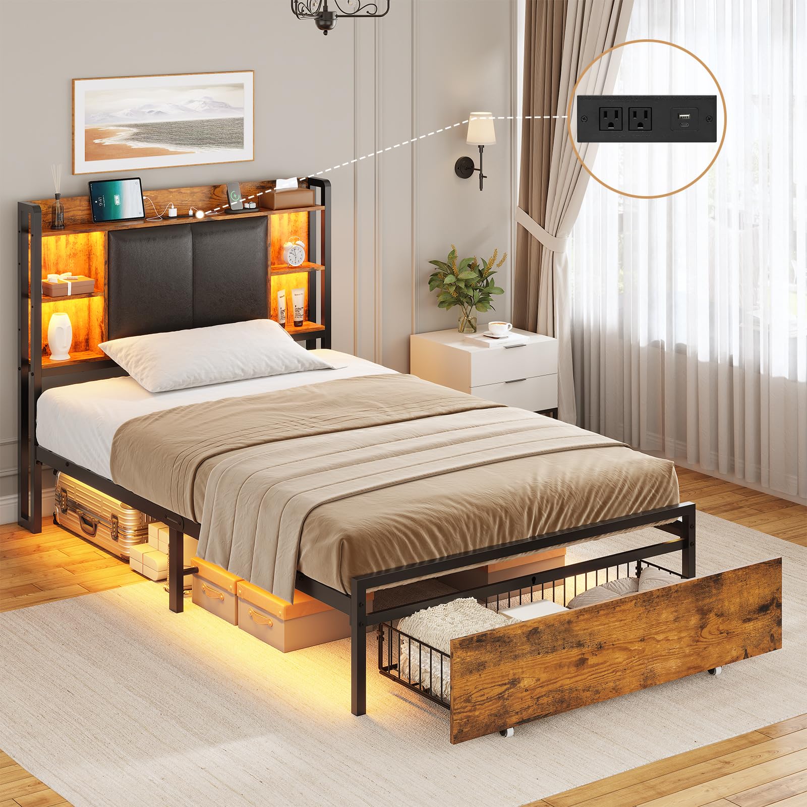 AOGLLATI Twin Bed Frames with Headboard and 2 Storage Drawers, Twin Bed Frame with Charging Station and Led Lights, Modern Upholstered Brown Led Bed Frame Twin,No Box Spring Needed, Vintage