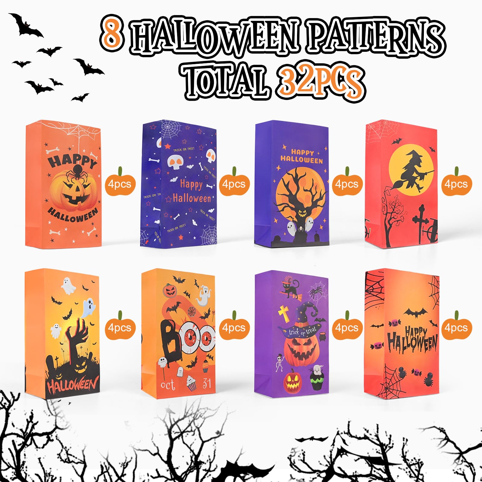 Halloween Treat Bags - 32pcs Halloween Trick or Treat Bags, Halloween Treat Bags for Candy with Stickers, Halloween Paper Treat Bags with Fun and Spooky Designs for School Events, Halloween Party