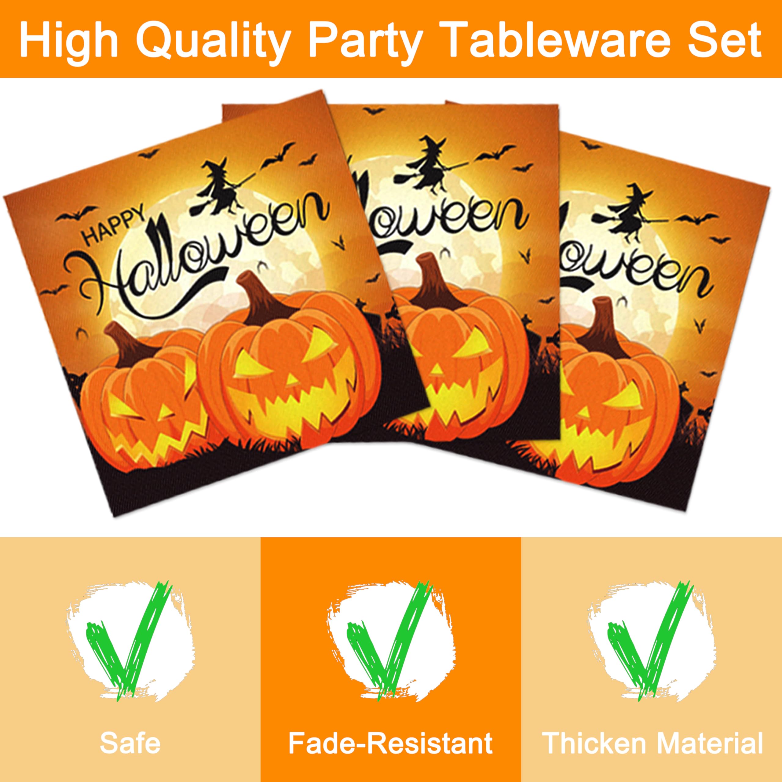 96 Pcs Halloween Pumpkin Paper Plates and Napkins Forks, Disposable Party Dessert Tableware Supplies Decorations Birthday Table Dinnerware Favors Set, Serves 24