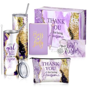 funnymoom 7 pcs boss gifts for women thank you gifts set appreciation gifts stainless tumbler makeup bag birthday marble gift for female leader mother coworker teacher(light purple)