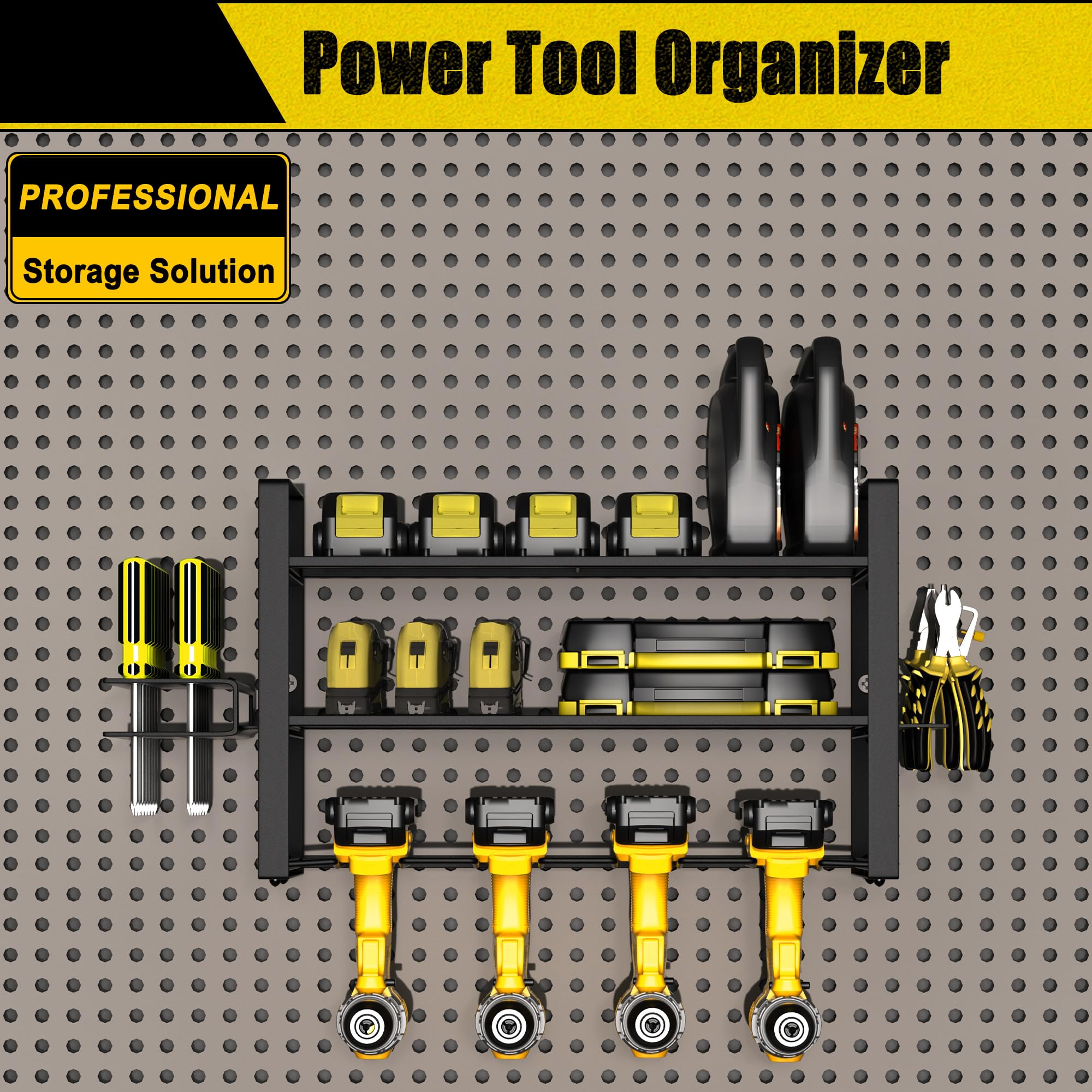 GIOTORENT Power Tool Organizer, Garage Shelving Heavy Duty, 4 Drill Holder Wall Mount, 3 Layers Storage Rack for Work Shop, Garage, 150Lbs Load Capacity, Matte Black