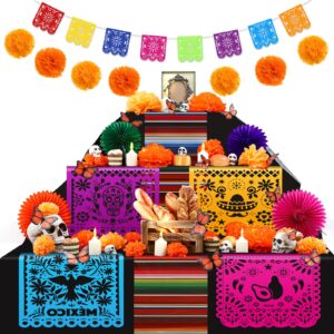 newwiee 82 pcs day of the dead altar decoration kit dia de muertos disposable tablecloth flameless led candle paper marigold flower fan butterfly mexican papel picado banner supplies (colorful)