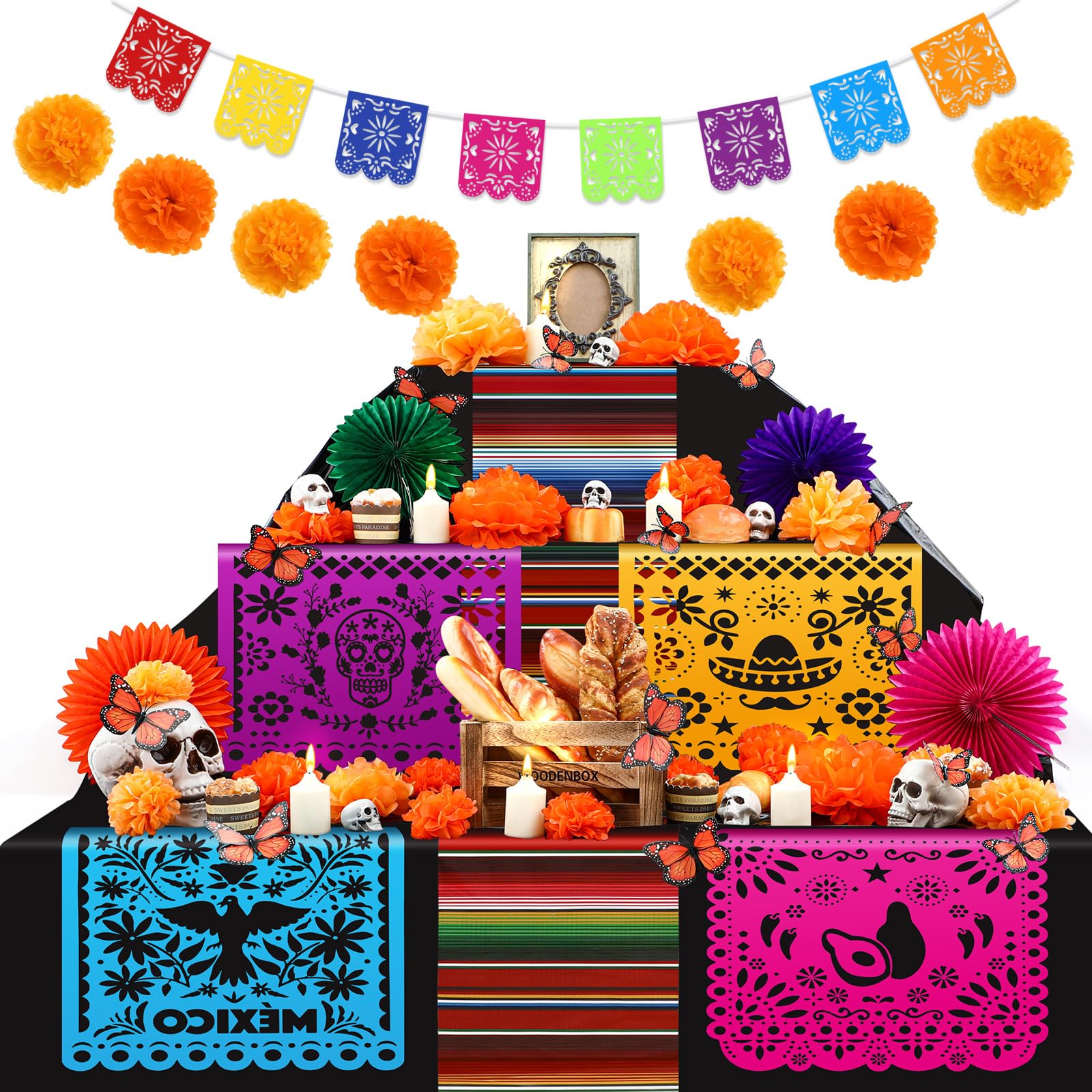 Newwiee 82 Pcs Day of the Dead Altar Decoration Kit Dia De Muertos Disposable Tablecloth Flameless LED Candle Paper Marigold Flower Fan Butterfly Mexican Papel Picado Banner Supplies (Colorful)