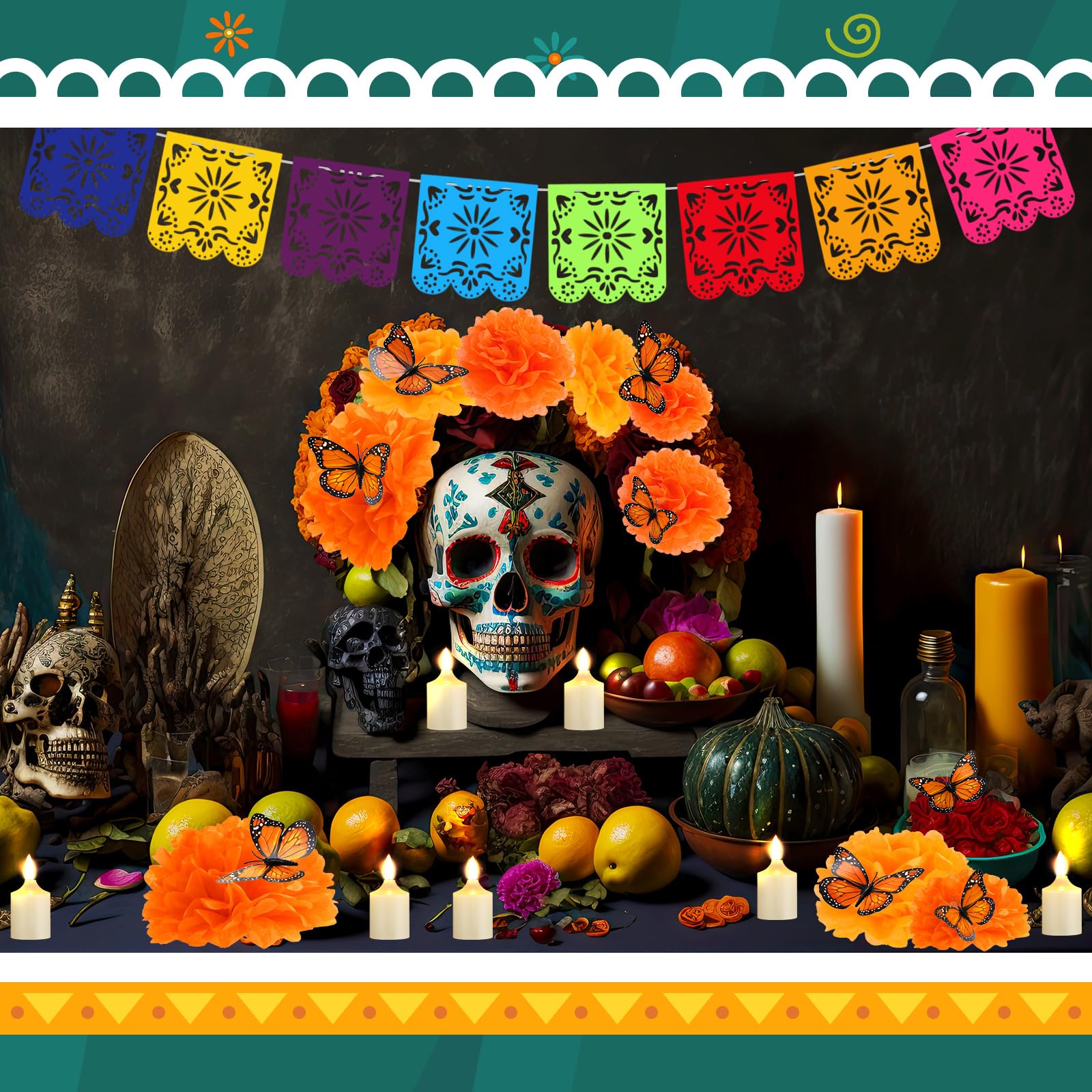 Newwiee 82 Pcs Day of the Dead Altar Decoration Kit Dia De Muertos Disposable Tablecloth Flameless LED Candle Paper Marigold Flower Fan Butterfly Mexican Papel Picado Banner Supplies (Colorful)