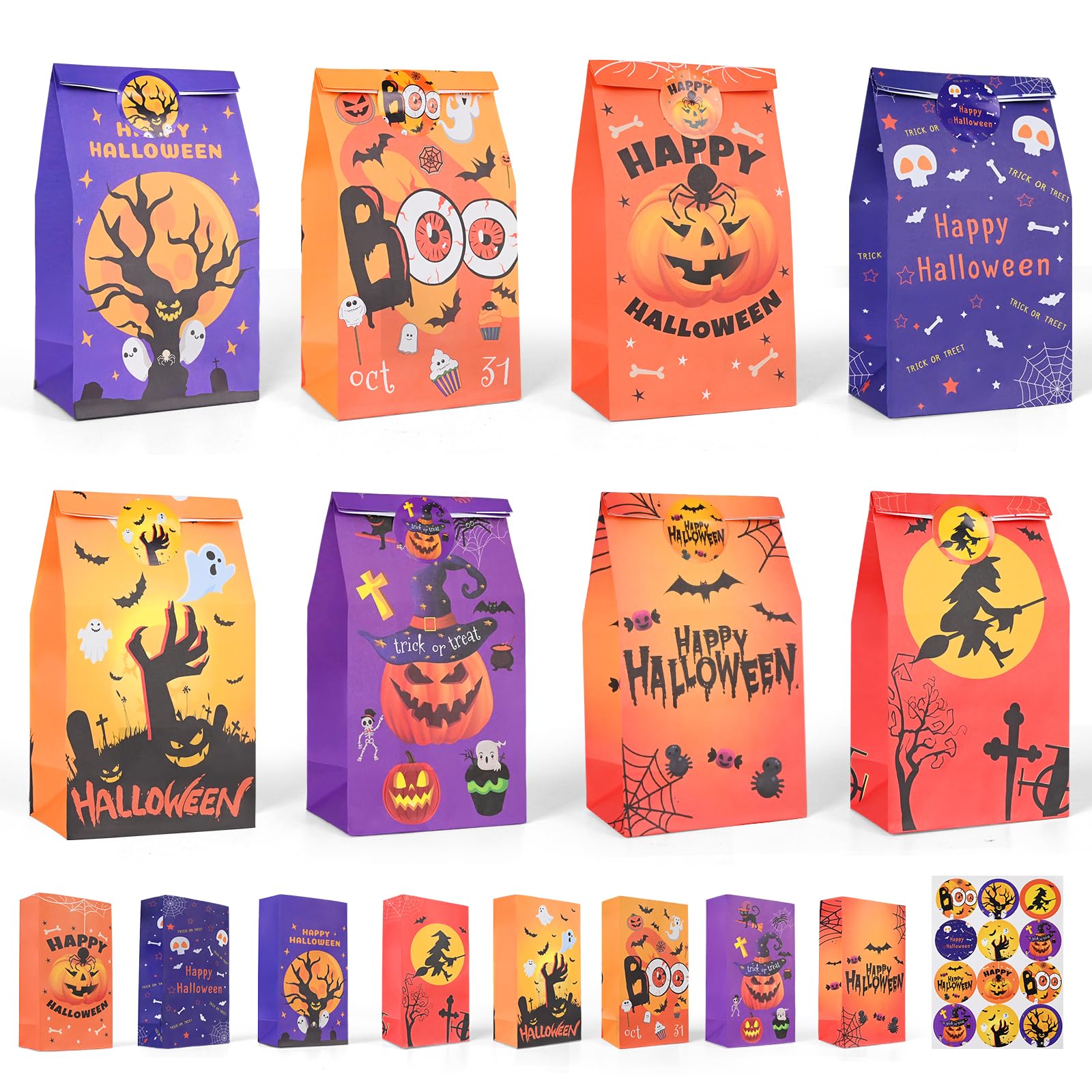 Halloween Treat Bags - 32pcs Halloween Trick or Treat Bags, Halloween Treat Bags for Candy with Stickers, Halloween Paper Treat Bags with Fun and Spooky Designs for School Events, Halloween Party