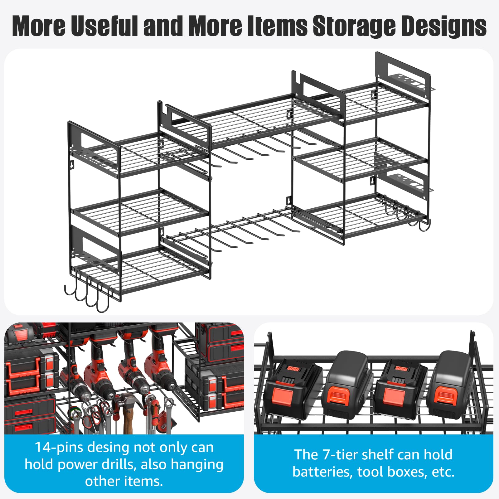 CCCEI Black Power Tools Organizer Wall Mount, Large Garage Organization and Storage, Shop 8 Drills Holder Rack and Tools Battery Utility Shelves, Cool and Unique Gift for Men, Husband.