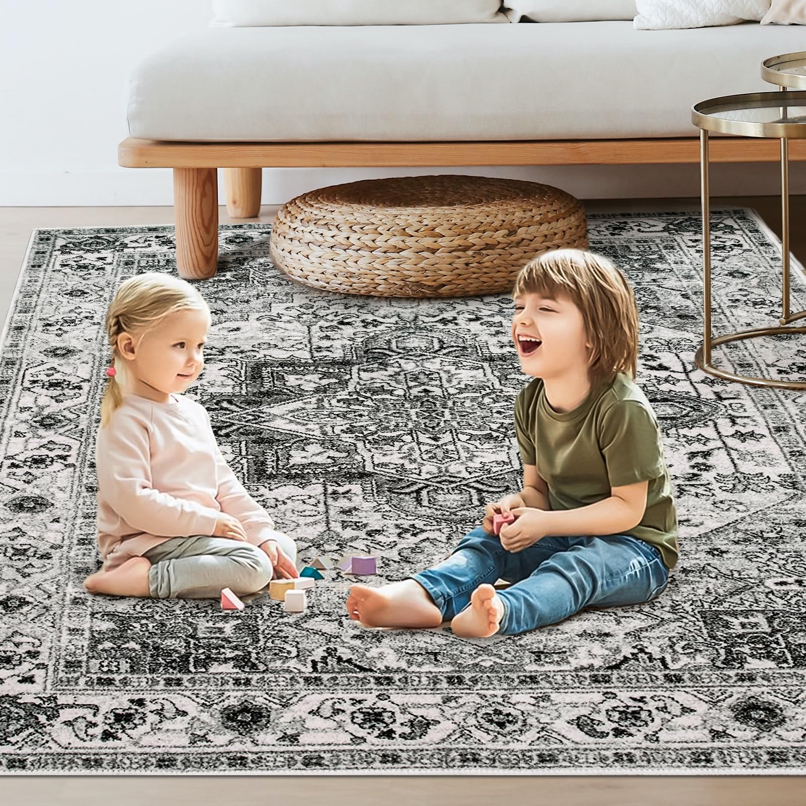 VFROO Area Rug 5x7 Living Room Rug Grey Vintage Washable Rug,Soft Non Slip Rug Low Pile Boho Printed Carpet, Retro Rug for Bedroom Dining Room Indoor