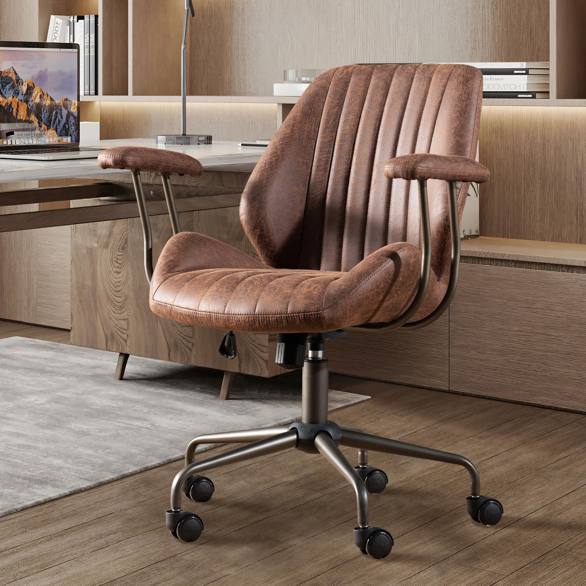 Mid Back Office Chair Mid Century Modern Executive Chair,Lumbar Support Ergonomic Home Office Desk Chair,Rolling Swivel Task Chair Task Chair Armrests Height Adjustable,350lbs (Dark Brown)