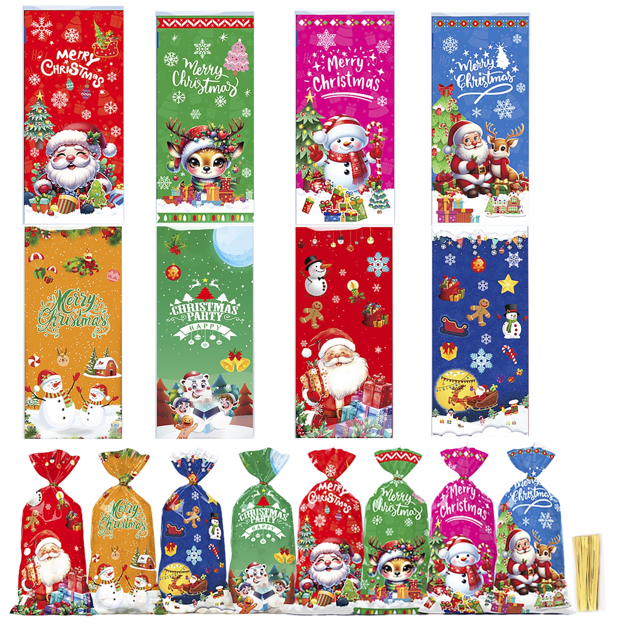 gustach Christmas Treat Bags, 160 PCS 8 Styles Christmas Candy Bags, Christmas Cookie Bags, Christmas Cellophane Treat Bags